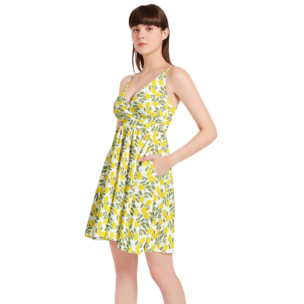 Lemon Print Spaghetti Strap Sleeveless Falred Hem Short Dress - Objet D'Art