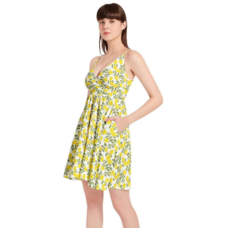 Lemon Print Spaghetti Strap Sleeveless Falred Hem Short Dress - Objet D'Art