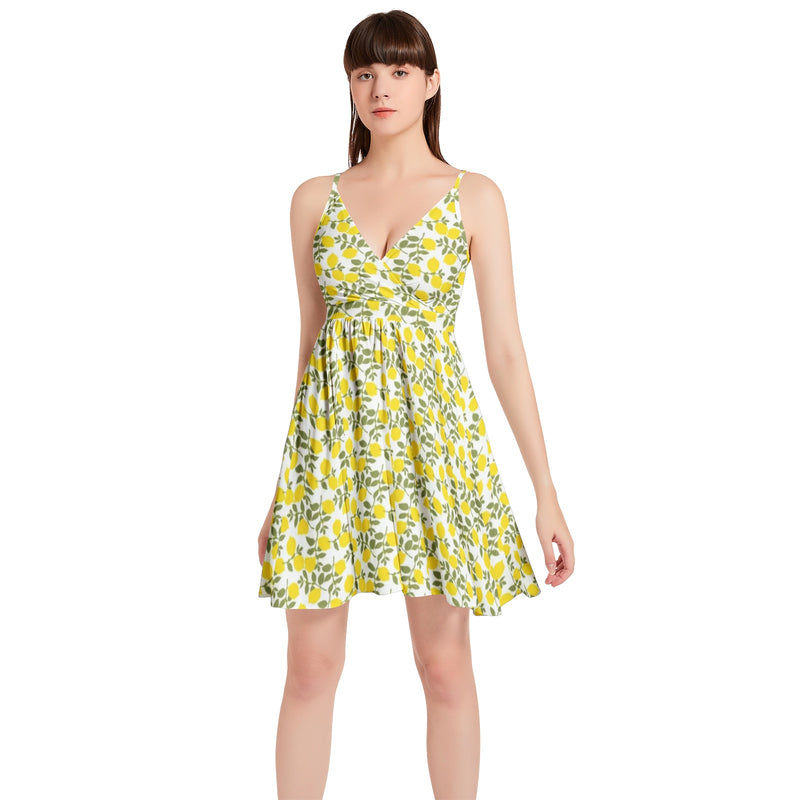 Lemon Print Spaghetti Strap Sleeveless Falred Hem Short Dress - Objet D'Art