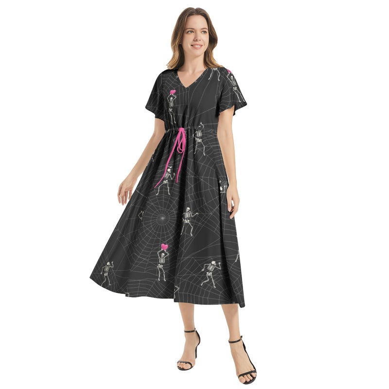 Cobweb  Hearts and Bones Flutter Sleeve Drawstring Waist Flared Dress - Objet D'Art