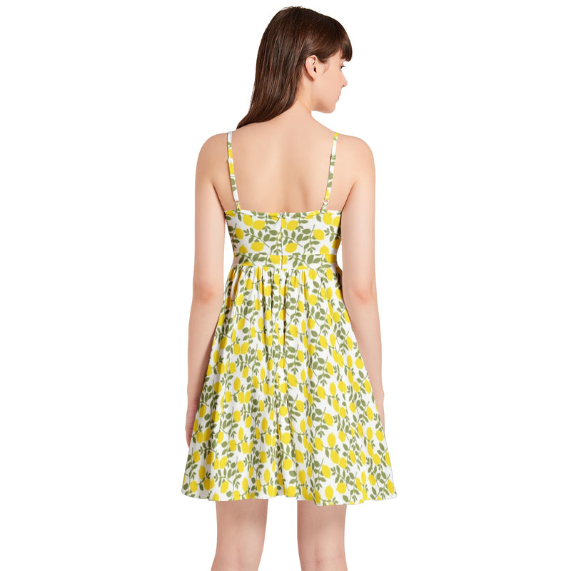 Lemon Print Spaghetti Strap Sleeveless Falred Hem Short Dress - Objet D'Art