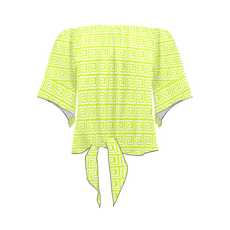 white neon green greek key print Off Shoulder Knot Front Blouse (Model T71) - Objet D'Art