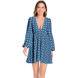 Polkadot Matrix Lantern Sleeve Deep V-Neck Short Dress - Objet D'Art