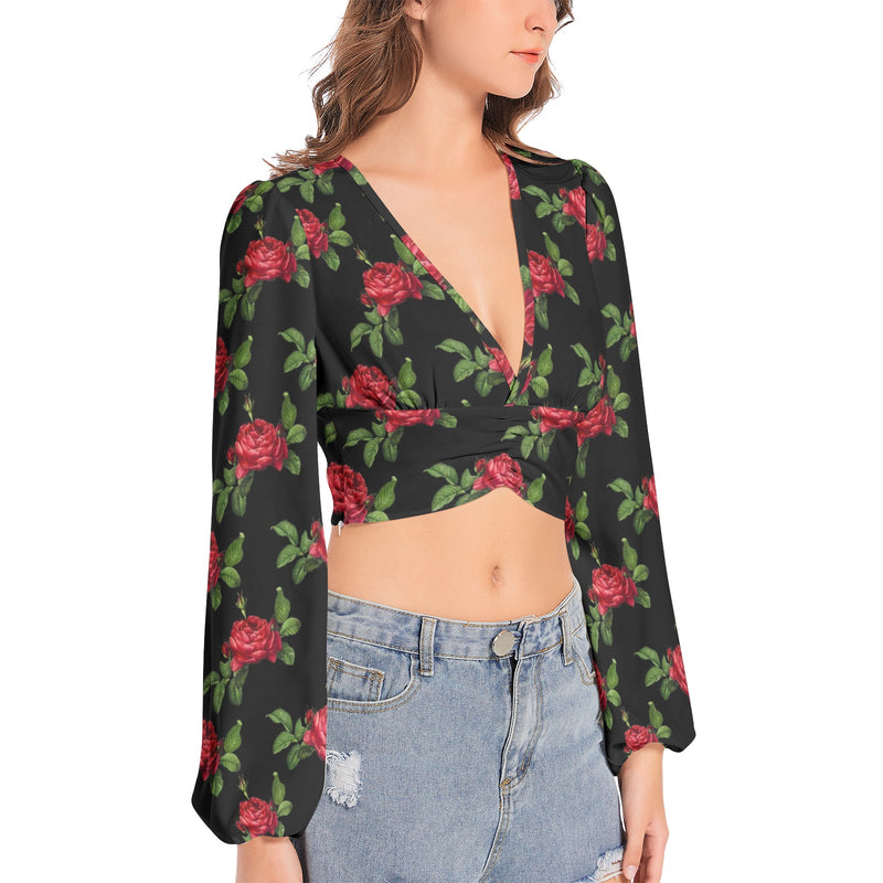 Women's Deep V-Neck Lantern Sleeve Crop Top - Objet D'Art