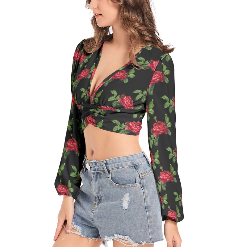 Women's Deep V-Neck Lantern Sleeve Crop Top - Objet D'Art