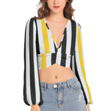 Swallowtail Striped Women's Deep V-Neck Lantern Sleeve Crop Top - Objet D'Art