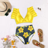 yellow flora print copy Women's Ruffle Sleeve Bikini Swimsuit (Model S42) - Objet D'Art