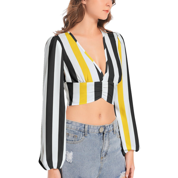 Swallowtail Striped Women's Deep V-Neck Lantern Sleeve Crop Top - Objet D'Art