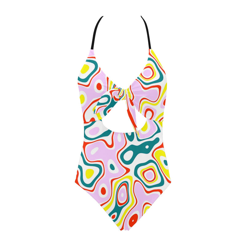 colored splat print 2 Backless Hollow Out Bow Tie Swimsuit (Model S17) - Objet D'Art