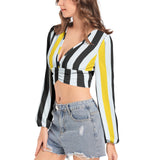 Swallowtail Striped Women's Deep V-Neck Lantern Sleeve Crop Top - Objet D'Art