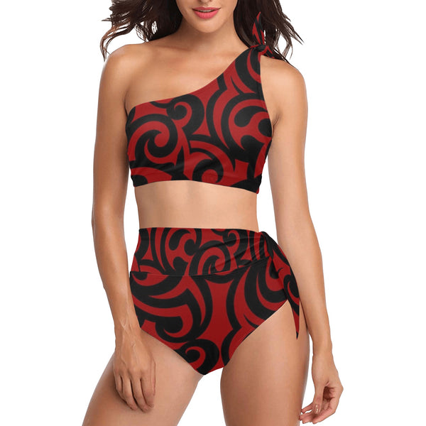 red and black scroll small print 2 High Waisted One Shoulder Bikini Set (Model S16) - Objet D'Art