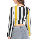 Swallowtail Striped Women's Deep V-Neck Lantern Sleeve Crop Top - Objet D'Art