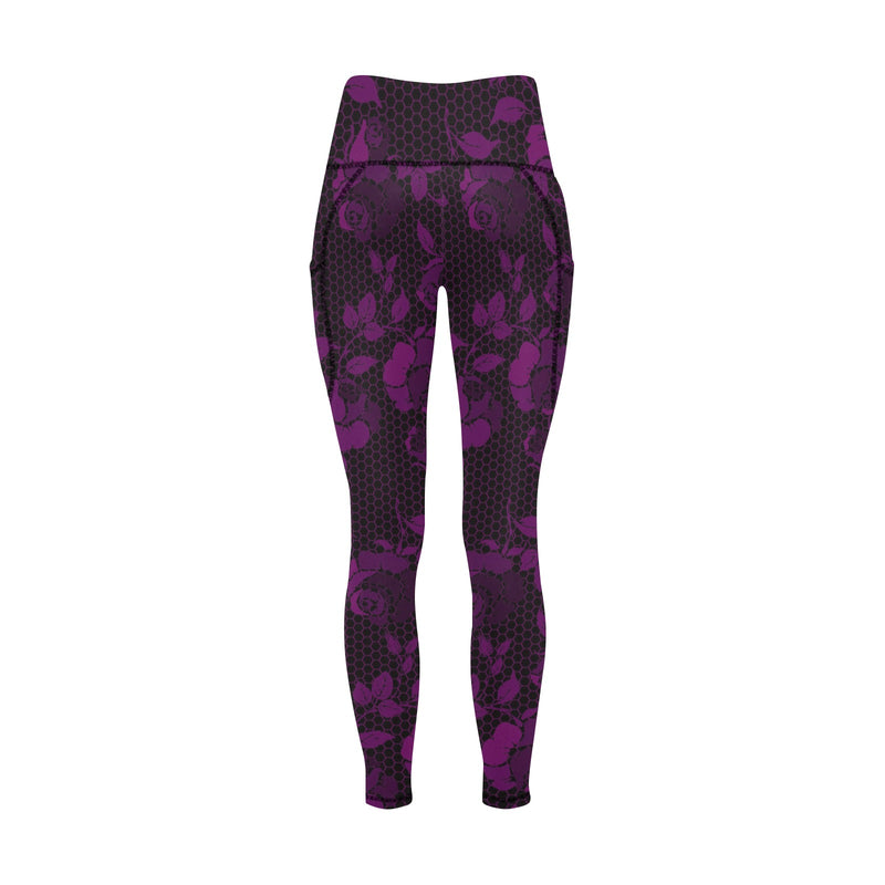 purple rose print 4 Women's All Over Print Leggings with Pockets (Model L56) - Objet D'Art