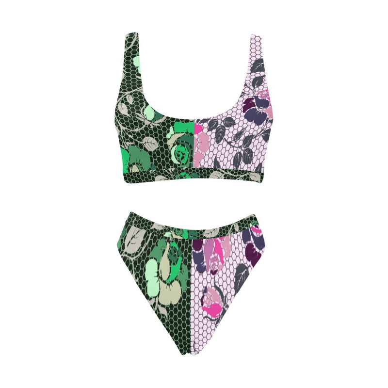 green rose print 2 Sport Top & High-Waisted Bikini Swimsuit (Model S07) - Objet D'Art