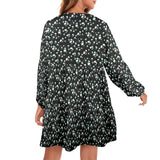 white florals on black mini print V-Neck Loose Fit Dress (Model D66) - Objet D'Art