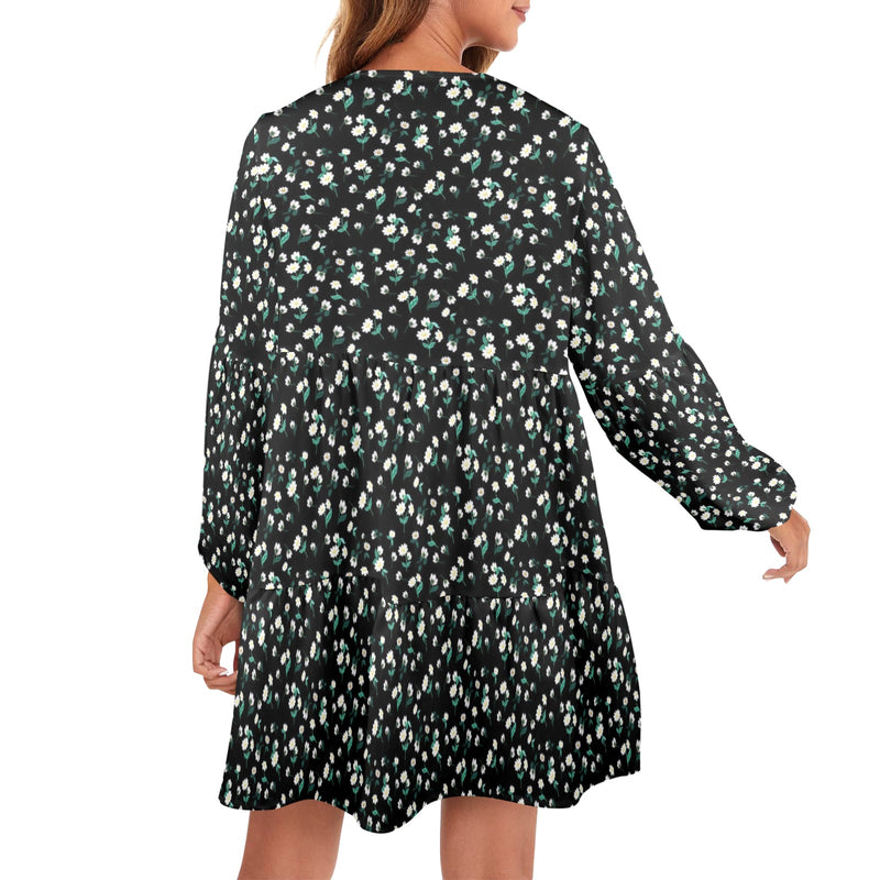 white florals on black mini print V-Neck Loose Fit Dress (Model D66) - Objet D'Art