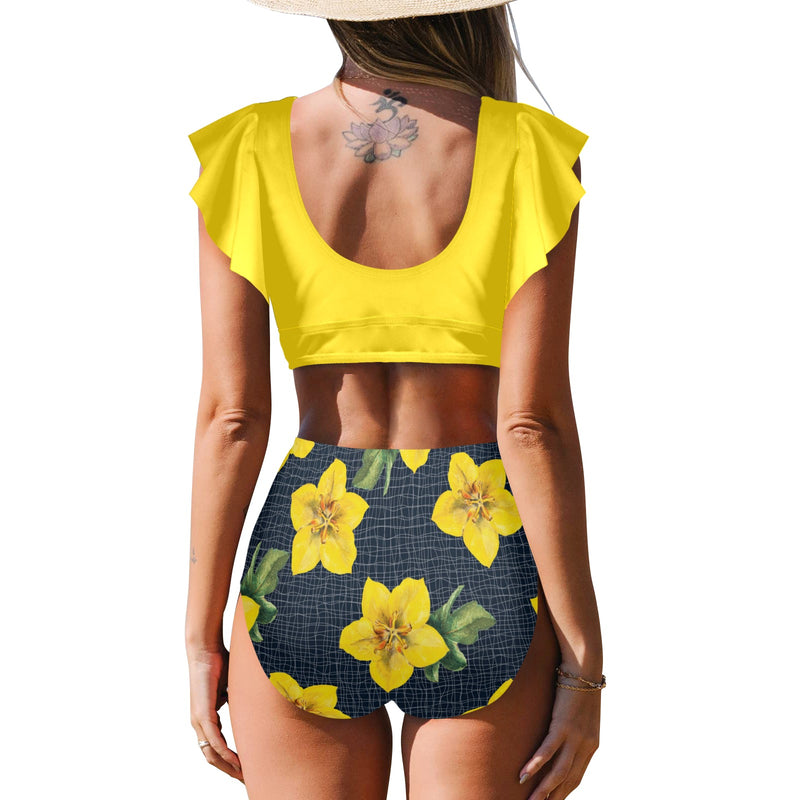 yellow flora print copy Women's Ruffle Sleeve Bikini Swimsuit (Model S42) - Objet D'Art