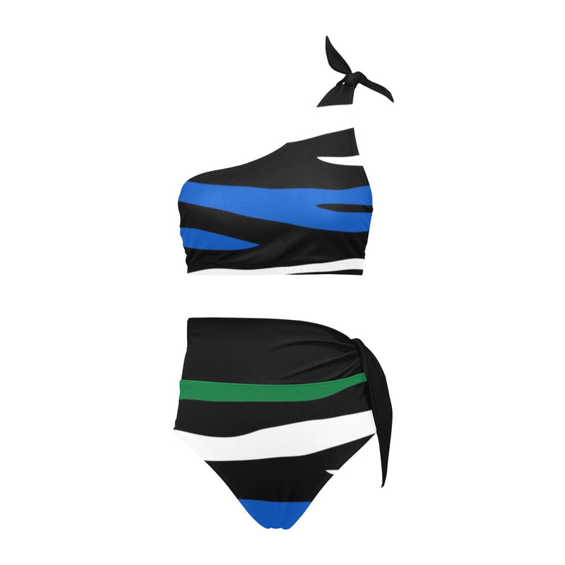 black solid print skirt High Waisted One Shoulder Bikini Set (Model S16) - Objet D'Art