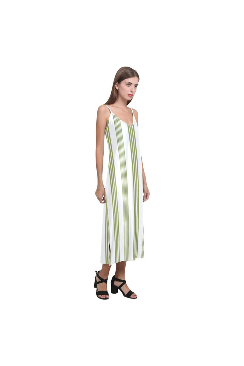 Pepper Green Vertical Striped V-Neck Open Fork Long Dress - Objet D'Art
