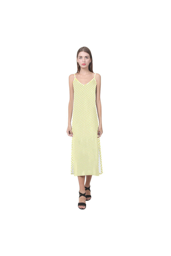 Yellow & White Herringbone V-Neck Open Fork Long Dress(Model D18) - Objet D'Art