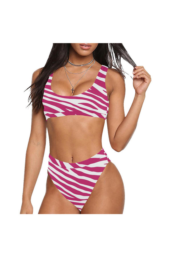 top pink stripe Sport Top & High-Waisted Bikini Swimsuit (Model S07) - Objet D'Art