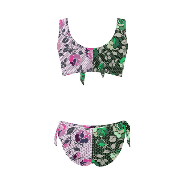 pink green rose print 4 Bow Tie Front Bikini Swimsuit (Model S38) - Objet D'Art