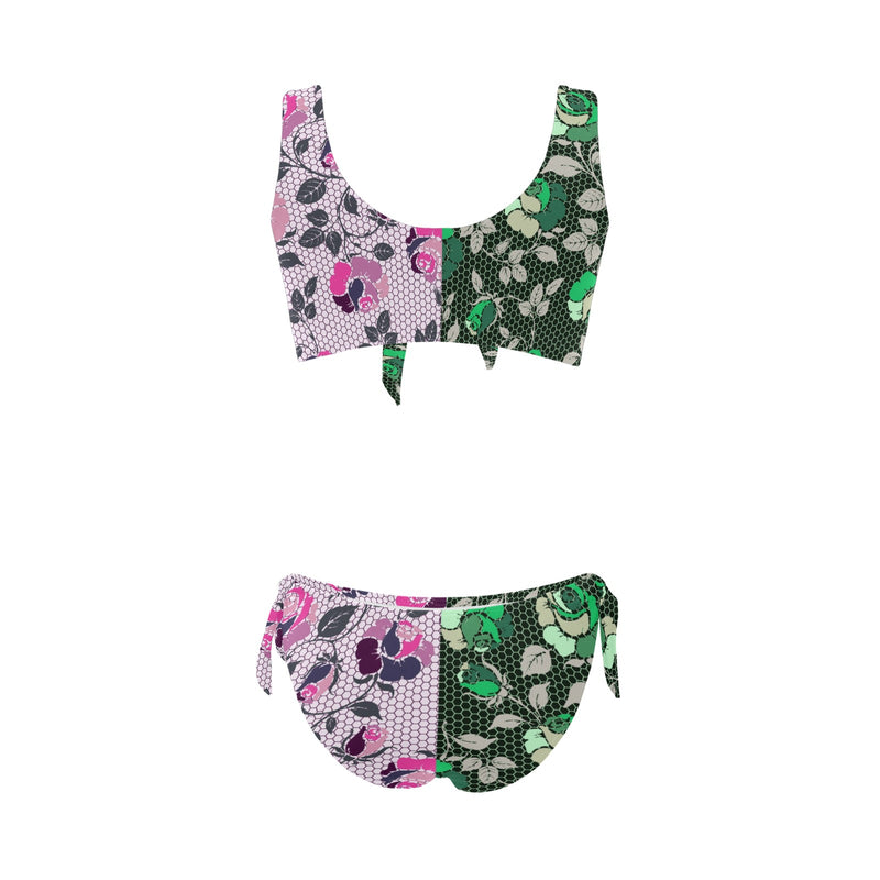 pink green rose print 4 Bow Tie Front Bikini Swimsuit (Model S38) - Objet D'Art
