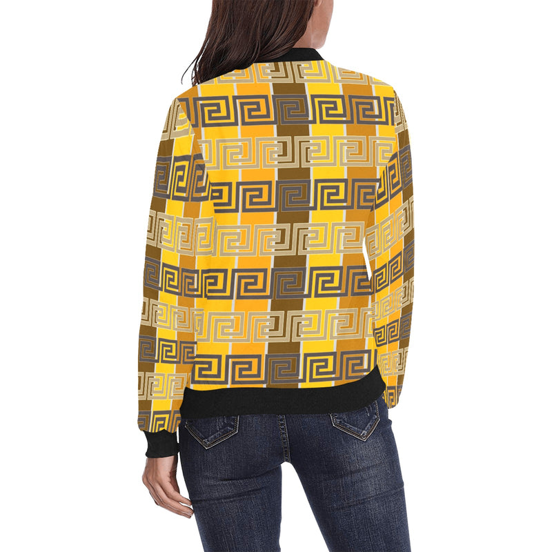 bronze striped greek key print All Over Print Bomber Jacket for Women (Model H36) - Objet D'Art