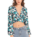 Stained Glass Women's Deep V-Neck Lantern Sleeve Crop Top - Objet D'Art