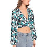 Stained Glass Women's Deep V-Neck Lantern Sleeve Crop Top - Objet D'Art