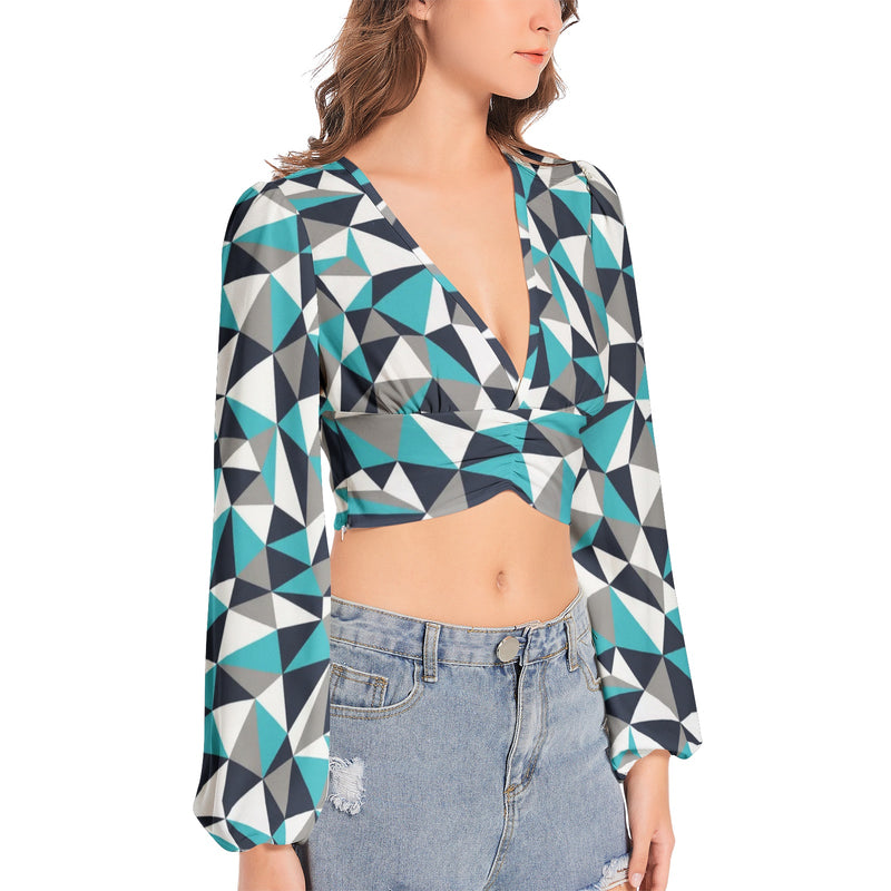 Stained Glass Women's Deep V-Neck Lantern Sleeve Crop Top - Objet D'Art