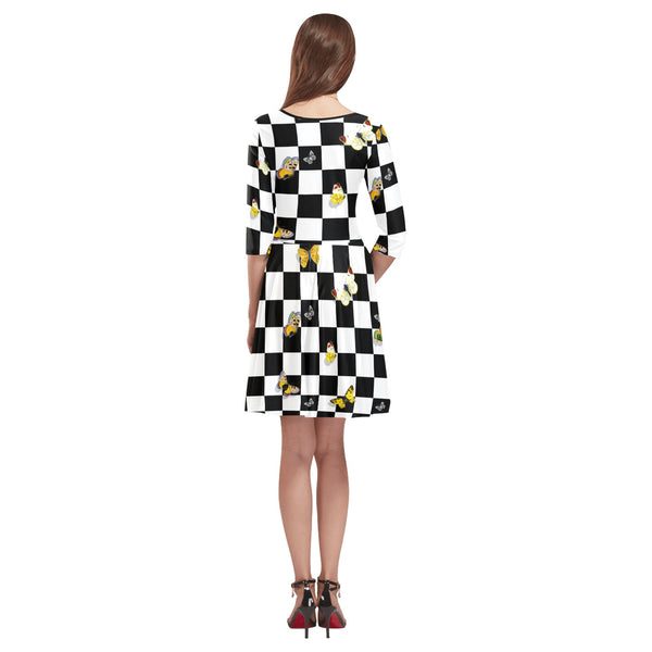 butterfly checker bw print Tethys Half-Sleeve Skater Dress(Model D20)
