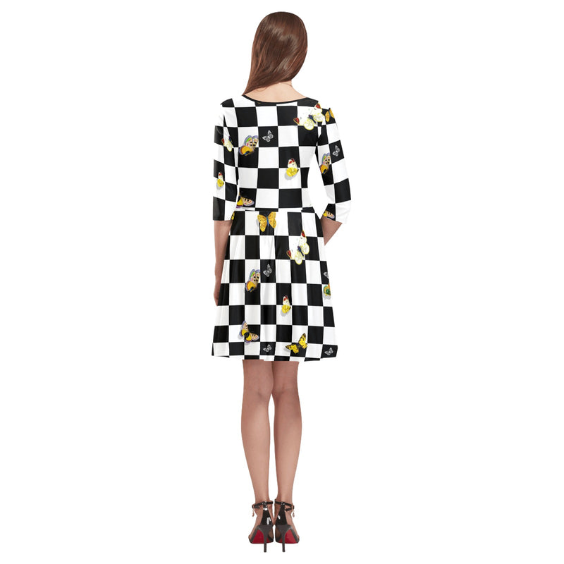 butterfly checker bw print Tethys Half-Sleeve Skater Dress(Model D20)