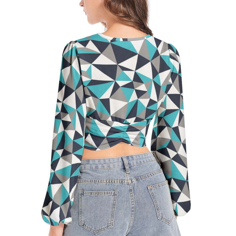 Stained Glass Women's Deep V-Neck Lantern Sleeve Crop Top - Objet D'Art