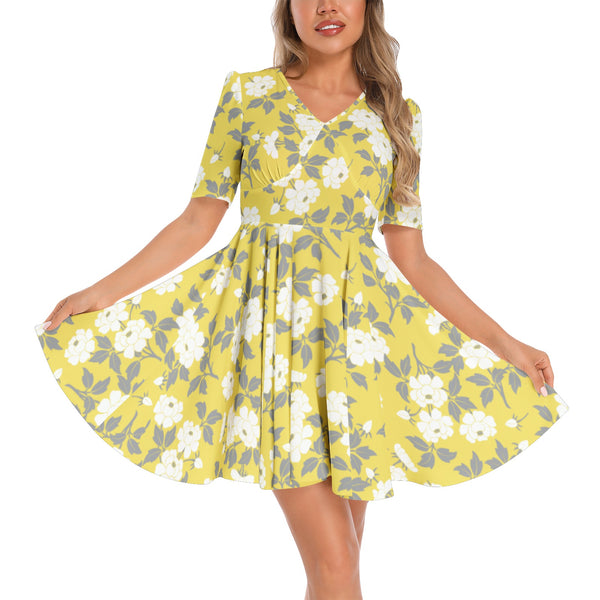 Floral Fancy Short Sleeve Ruched Bust Flared Hem Dress - Objet D'Art