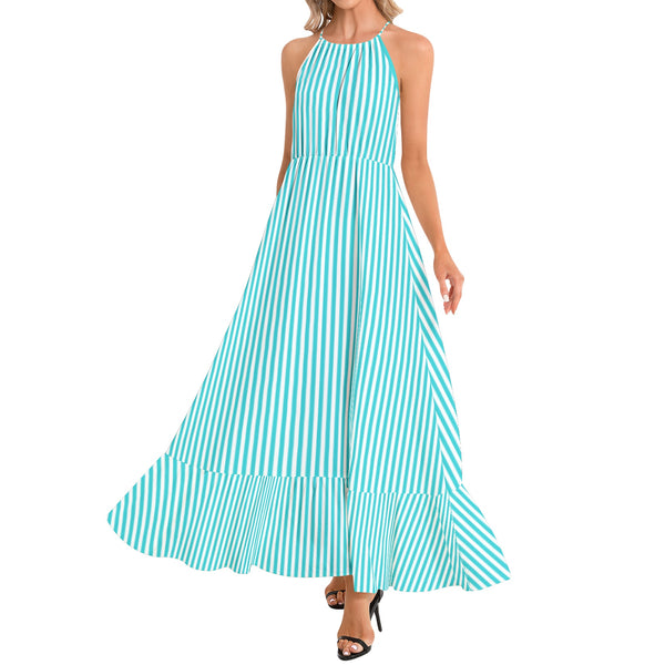 Striped Ruffle Hem Halter Neck Maxi Dress - Objet D'Art