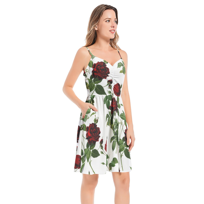 Rose Print Spaghetti Strap Sleeveless Summer Beach Dress - Objet D'Art