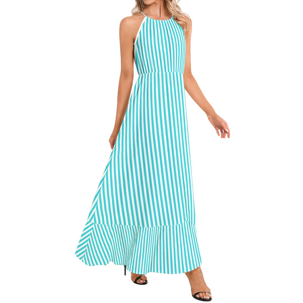 Striped Ruffle Hem Halter Neck Maxi Dress - Objet D'Art
