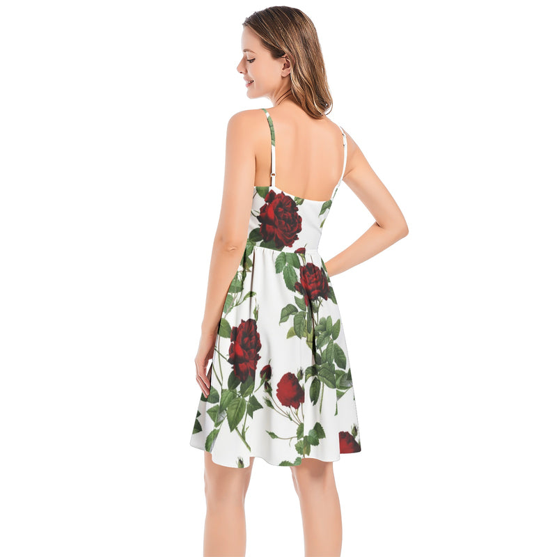 Rose Print Spaghetti Strap Sleeveless Summer Beach Dress - Objet D'Art