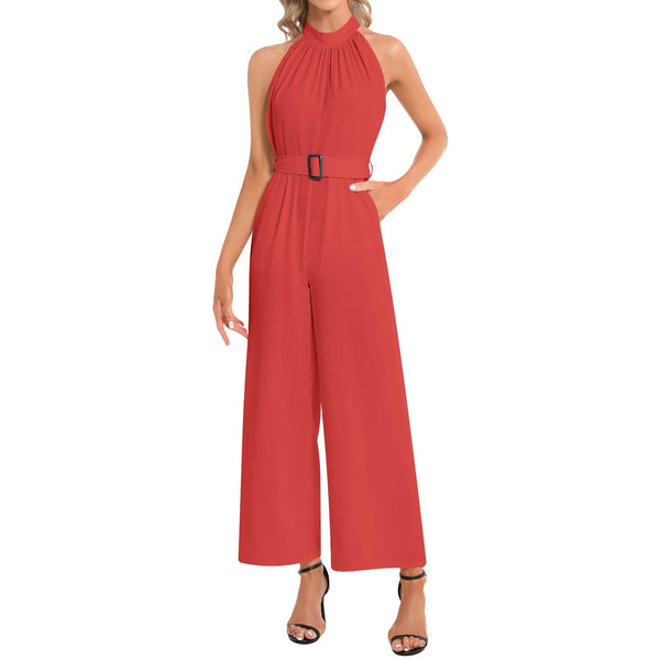 Halter Neck Buckle Belted Jumpsuit - Objet D'Art