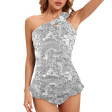 gray pisces print Women's One Shoulder Backless Swimsuit (Model S44) - Objet D'Art