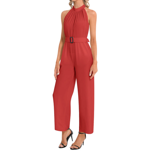 Halter Neck Buckle Belted Jumpsuit - Objet D'Art