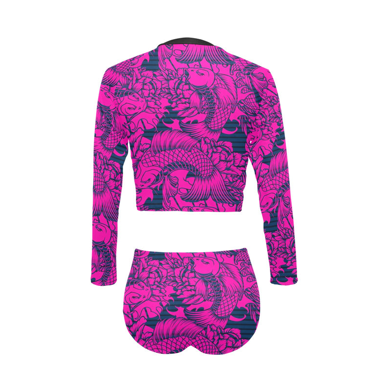 fuchsia pisces print 2 Long Sleeve Bikini Set (Model S27) - Objet D'Art