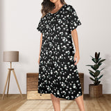 white and black floral print 2A Women's Button Front House Dress - Objet D'Art