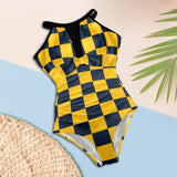 navy blue gold checkered print Women's High Neck Plunge Mesh Ruched Swimsuit (S43) - Objet D'Art