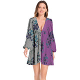 Two Tone Floral Waves Lantern Sleeve Deep V-Neck Short Dress - Objet D'Art