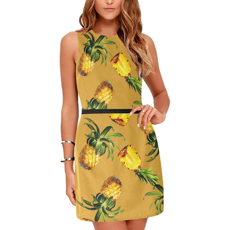 big pineapple print 2A Eos Women's Sleeveless Dress (Model D01) - Objet D'Art