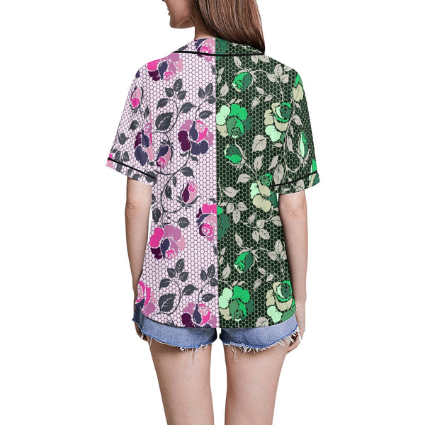 pink green rose print 4 All Over Print Baseball Jersey for Women (Model T50) - Objet D'Art