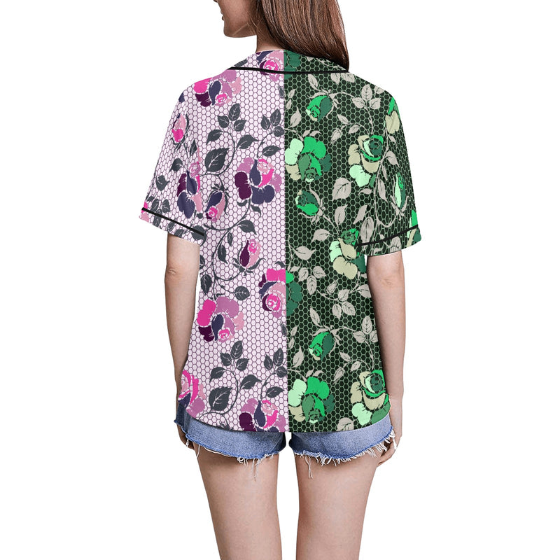 pink green rose print 4 All Over Print Baseball Jersey for Women (Model T50) - Objet D'Art