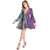 Two Tone Floral Waves Lantern Sleeve Deep V-Neck Short Dress - Objet D'Art